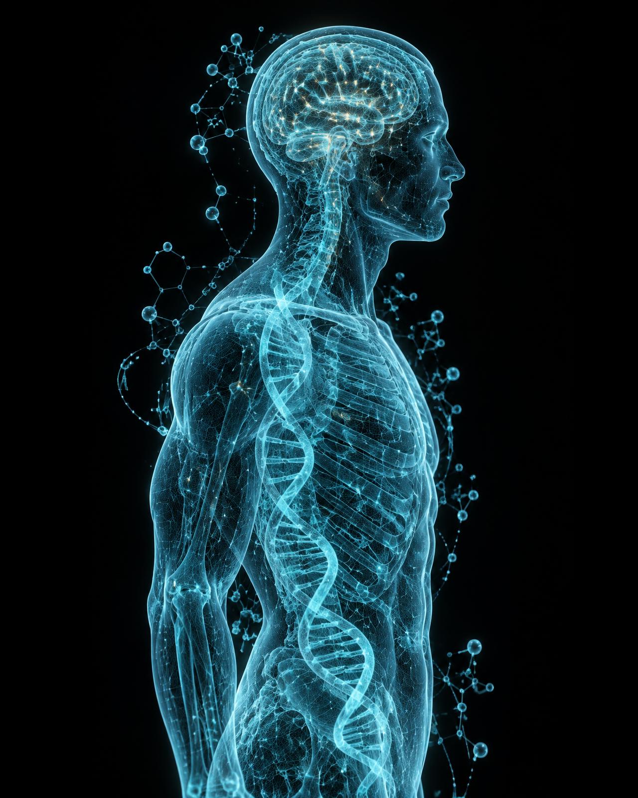 Illustrative human anatomy showing the brain, DNA and body structure